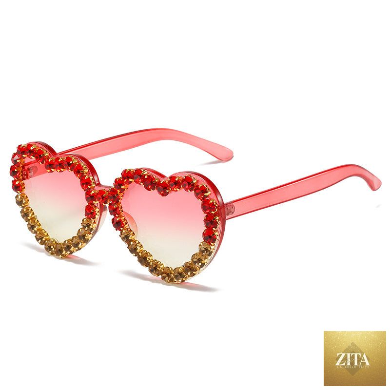 Peach heart-shaped rhinestone sunglasses by FitiqueFit featuring Y2K INS style eye wear with sparkling rhinestone details.