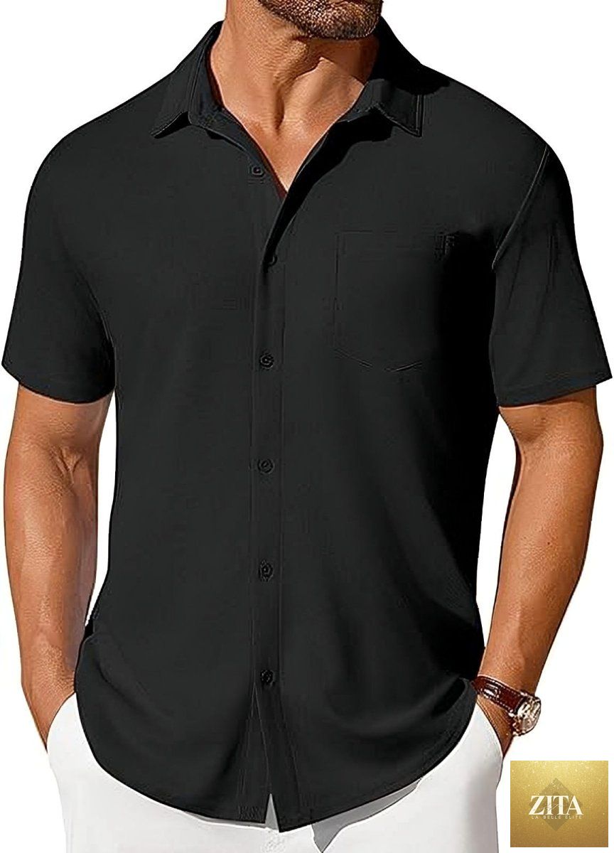 Mandotos men's short-sleeve button-up shirt with wrinkle- and crease-resistant fabric, shown in a casual, fitted style.