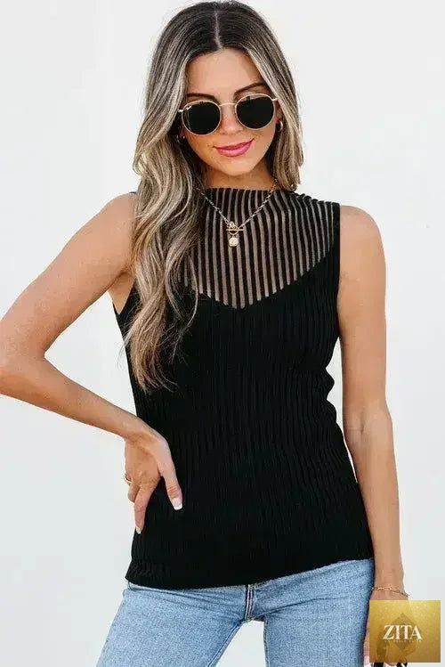 Femstylo black mesh cutout knit vest with edgy ribbed design, featuring a stylish sleeveless top perfect for trendy outfits.