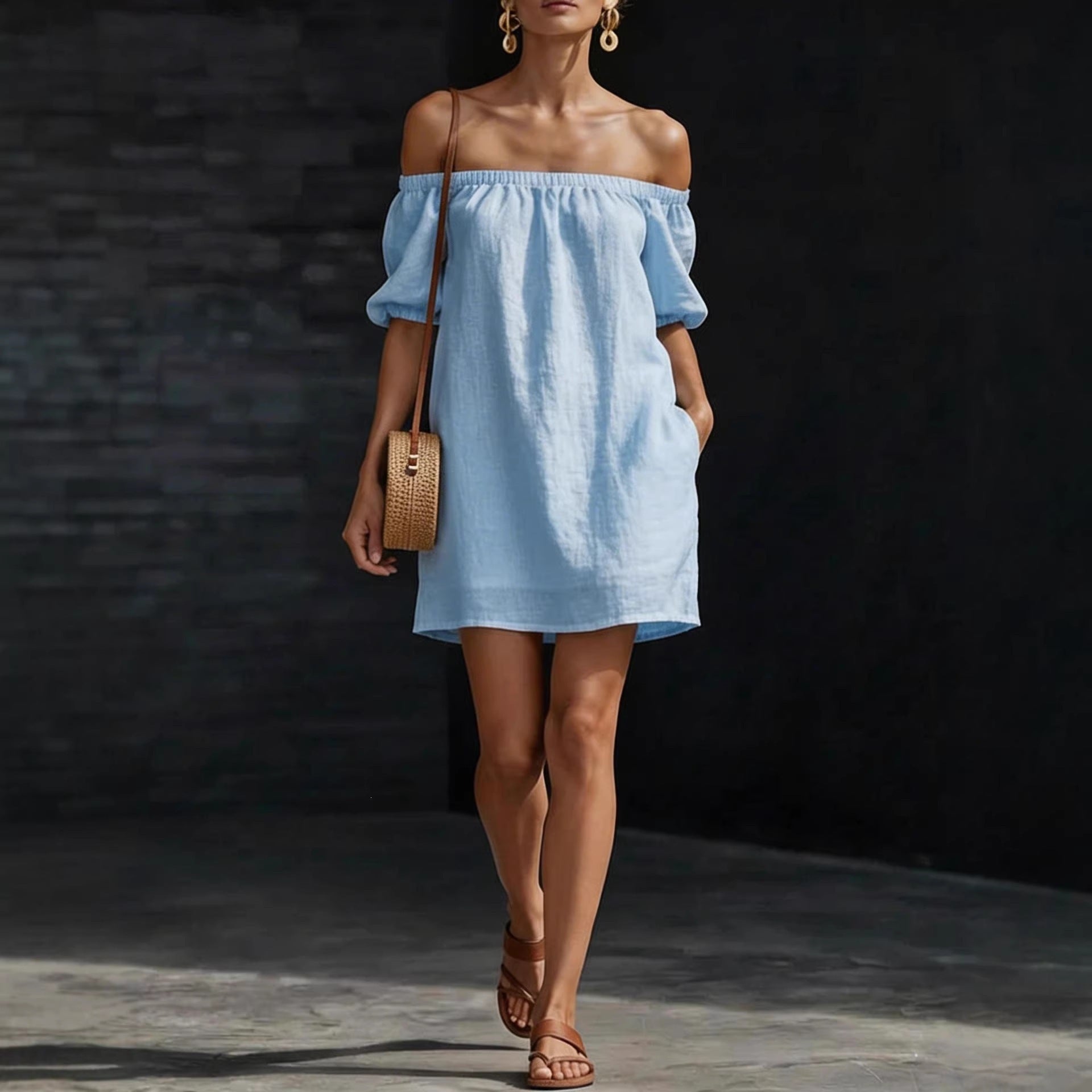 Women's cotton-linen off-shoulder puff-sleeve mini dress by FitiqueFit, casualwear, featuring a loose fit and stylish design.