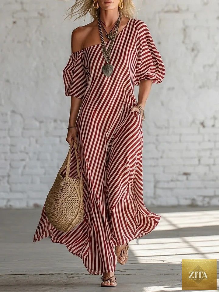 Women's striped off-shoulder midi dress by FitiqueFit, elegant and stylish activewear with a fitted design and bold stripe pattern.