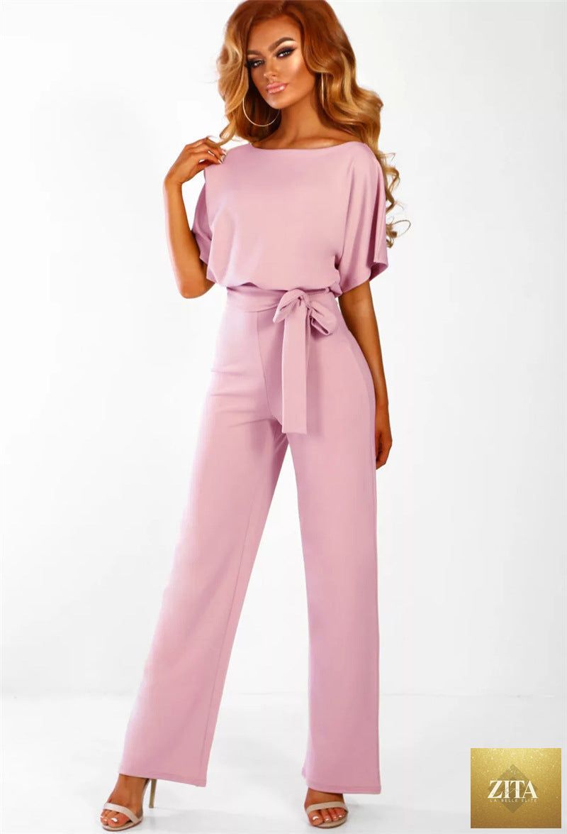 LadyShow.Store women's body e pagliaccetti in short-sleeve jumpsuit with straight-leg fit and strap detail, casual clubwear style.