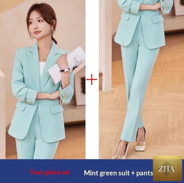 FitiqueFit two-piece blazer and straight-leg trousers suit with lapel button-down blazer and matching tailored trousers.