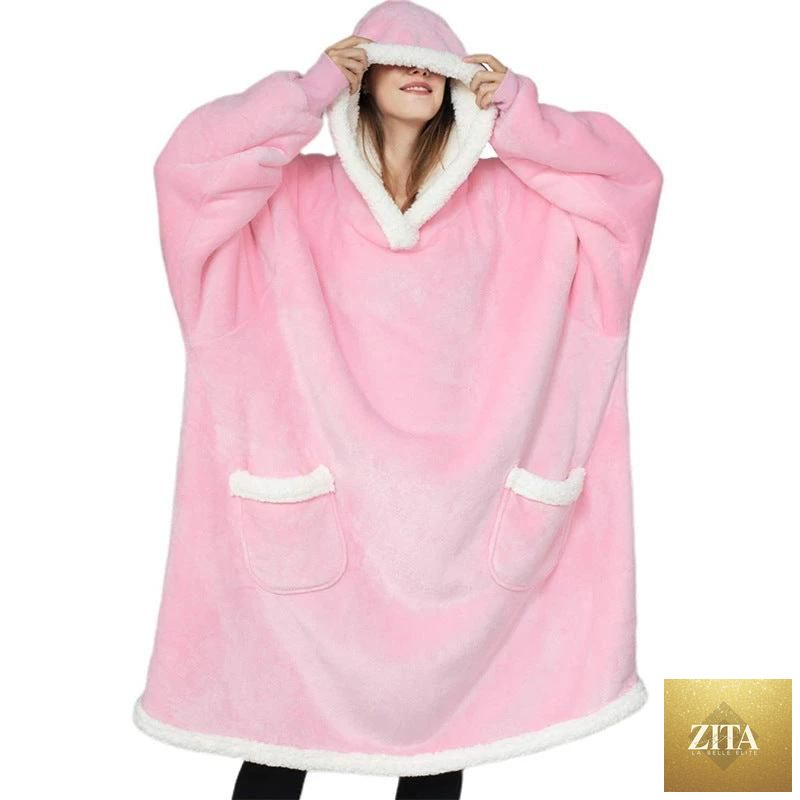 Mandotos winter TV hoodie blanket showing a cozy oversized hoodie with pockets in warm fleece fabric for men and women.