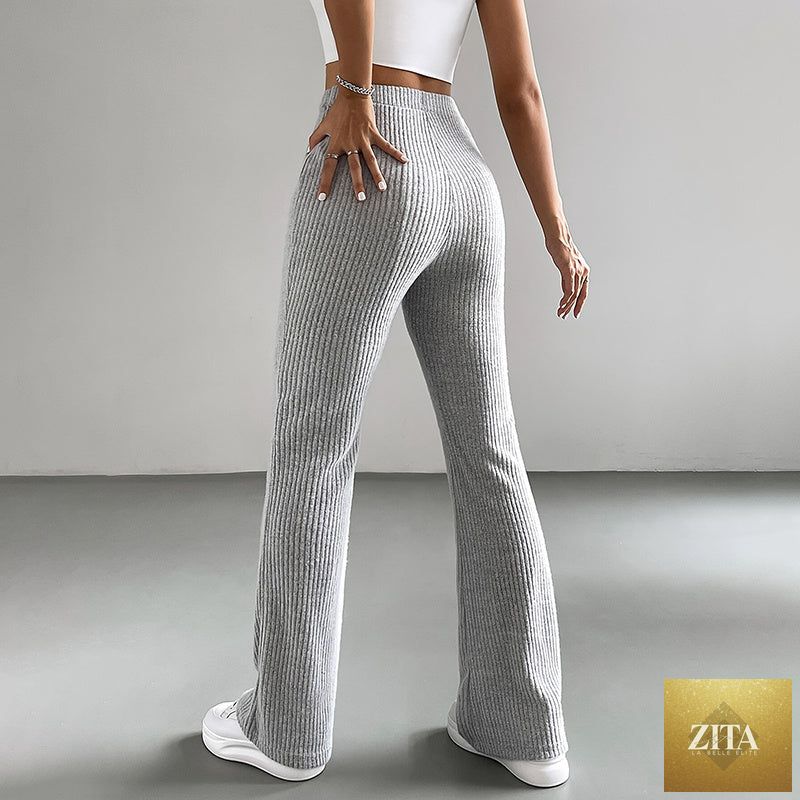 Solid rib-knit pull-on jogger pants for women by FitiqueFit, casualwear with a comfortable, fitted design and elastic waistband.