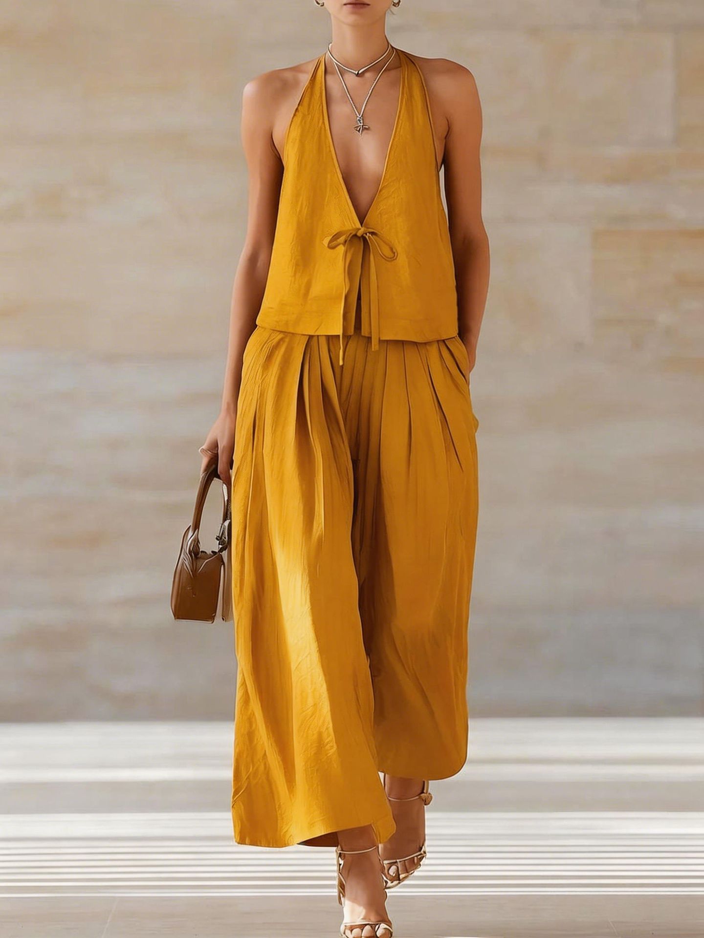 Women's sleeveless vest and wide-leg pants casualwear set by FitiqueFit, featuring lace-up details and a stylish, relaxed fit.