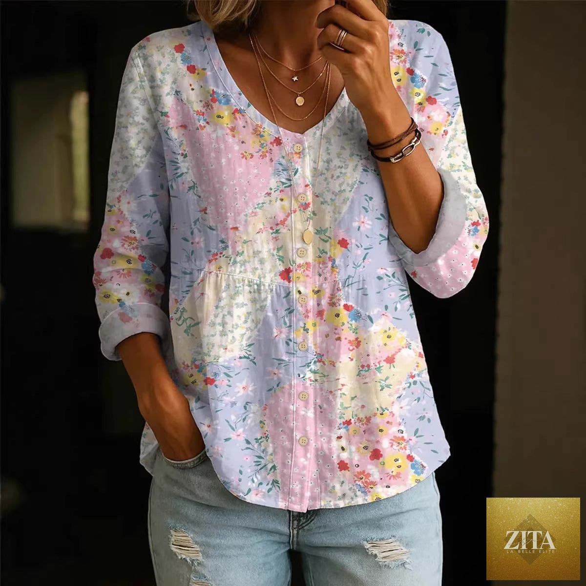 Plus-size printed boho cardigan with 3/4 sleeves, loose fit, from Zita La Belle Elite, styled as a women's top.