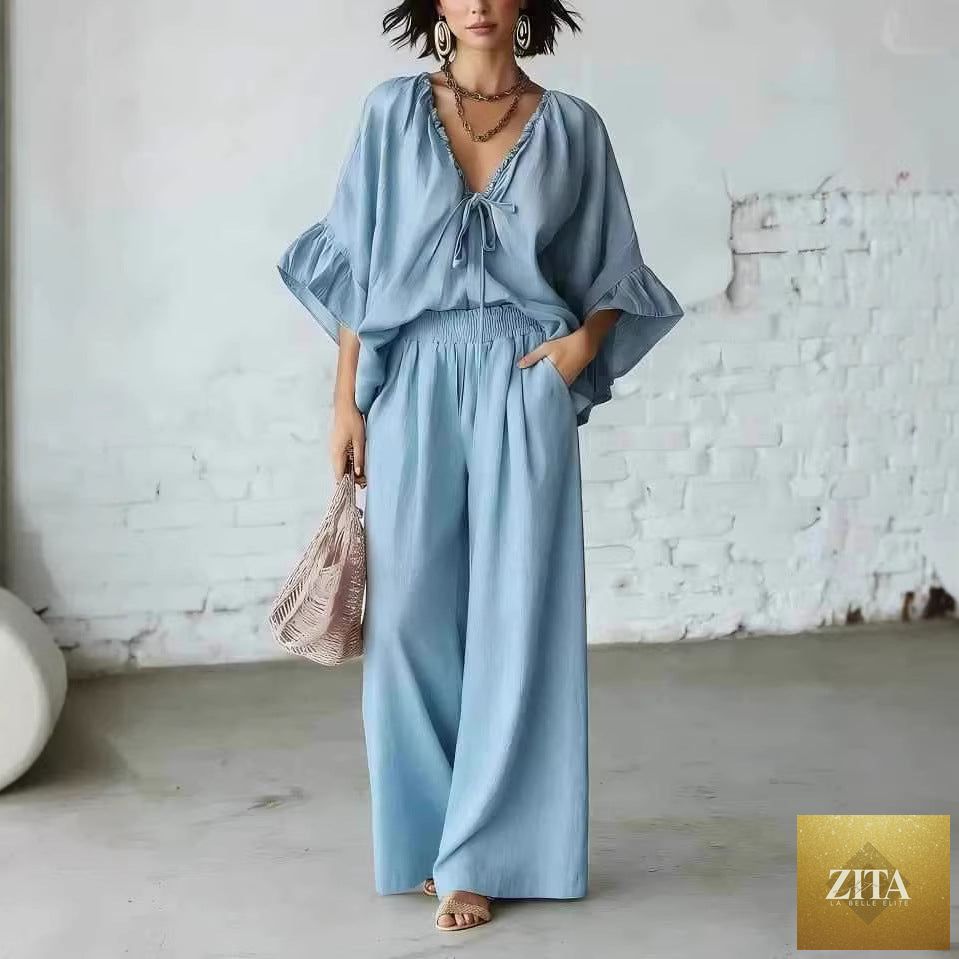 Zita La Belle Elite women's casual two-piece set with loose-fit V-neck top and wide-leg pants, in soft, comfortable fabric.