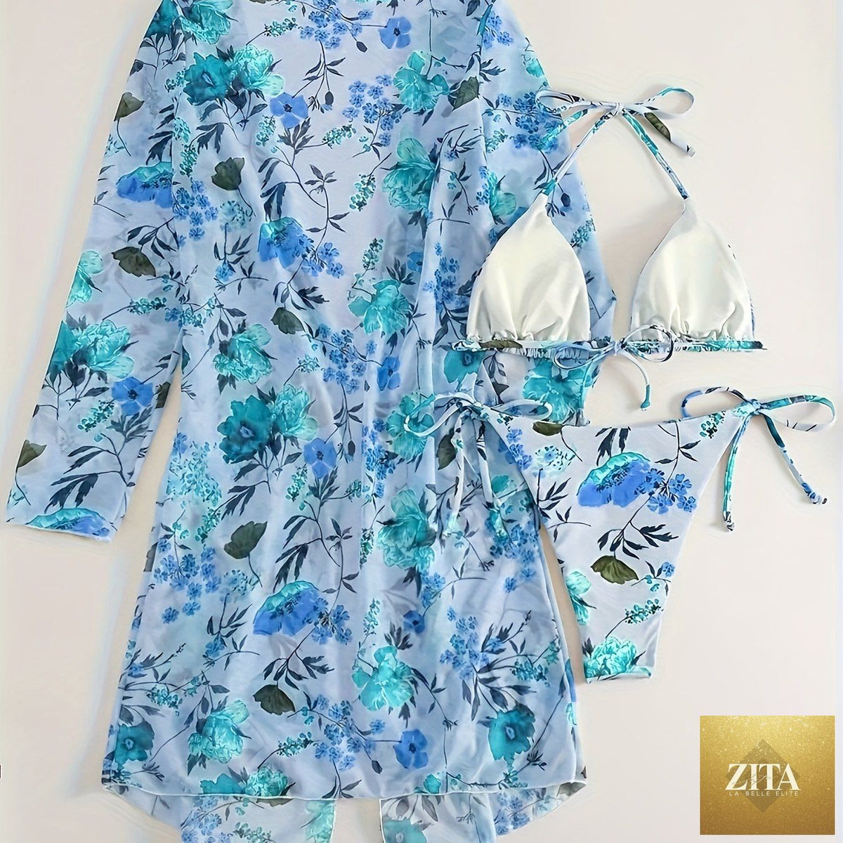 European style floral print bikini set with V-neck, cross straps, matching long sleeve cover-up, trendy summer swimwear for women.
