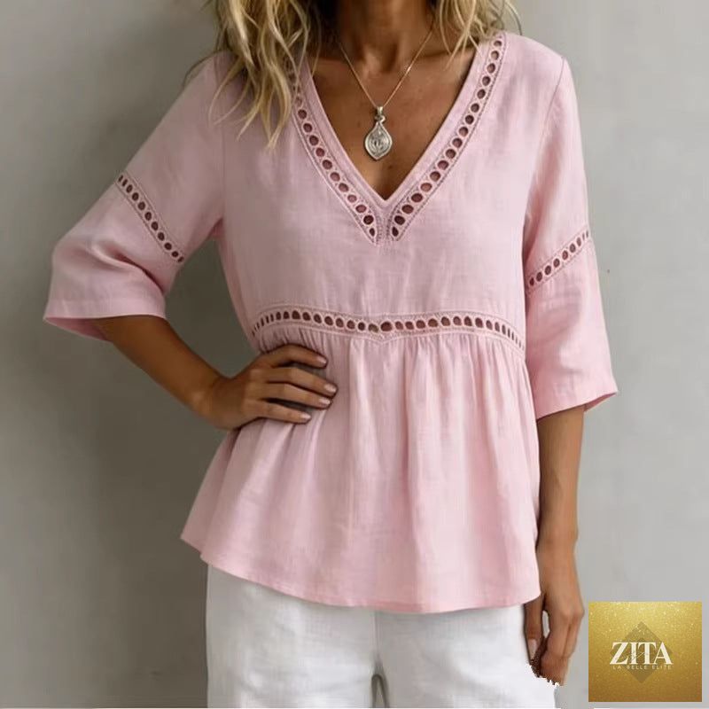 Women's V-neck hollow-out fringe cotton-linen top by Zita La Belle Elite, featuring a casual V-neck design with fringe and hollow-out details.