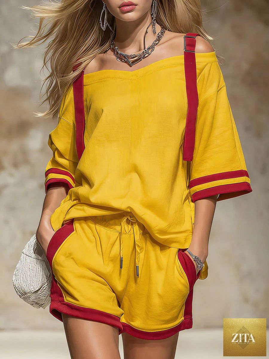 Women's summer contrast color-block patchwork shorts set by Zita La Belle Elite, featuring casual 2-piece outfit with stylish design.