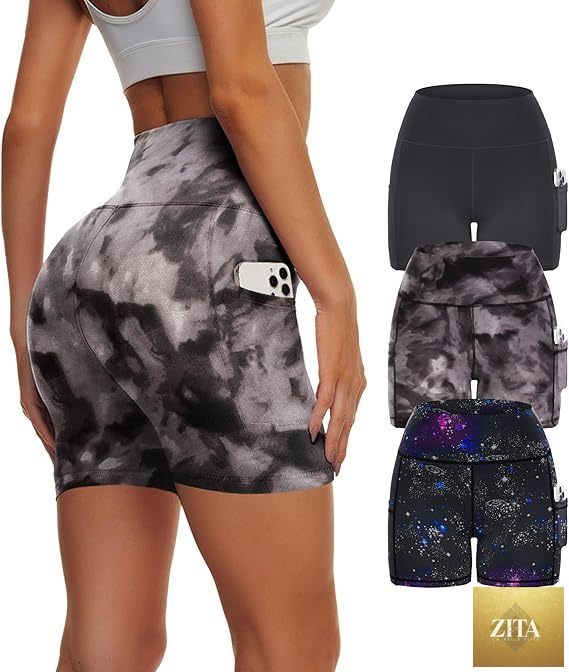 Set of three high waisted yoga leggings from FitiqueFit featuring tie-dye starry sky design, perfect for casual workout wear.