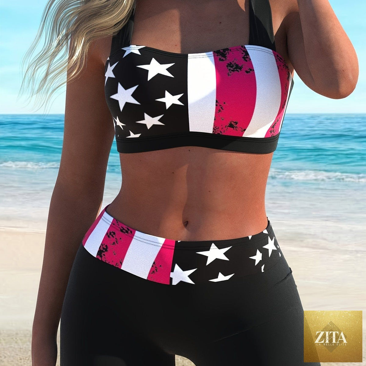 Stevvex American flag print bikini set with criss cross halter top, ring knot back, and boxer shorts bottoms for women.