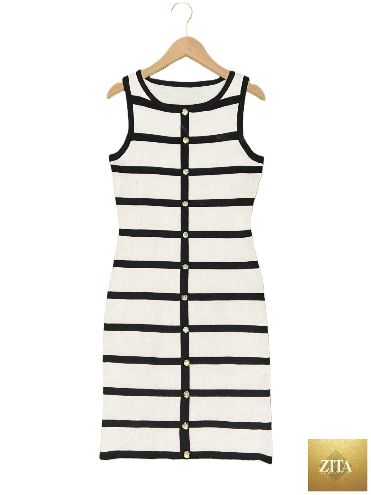 Contrast stripe knit sleeveless midi dress by FitiqueFit in five colors, casualwear style, shown in a relaxed fit.