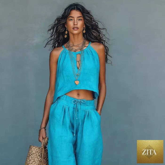 Women's linen blend sleeveless tank top and wide-leg pants casual set by FitiqueFit, perfect for summer comfort and style.