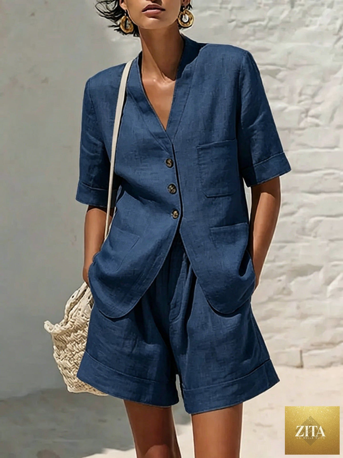 Women's cotton-linen loose-fit T-shirt and cropped shorts two-piece casualwear set by Zita La Belle Elite, shown on a model.