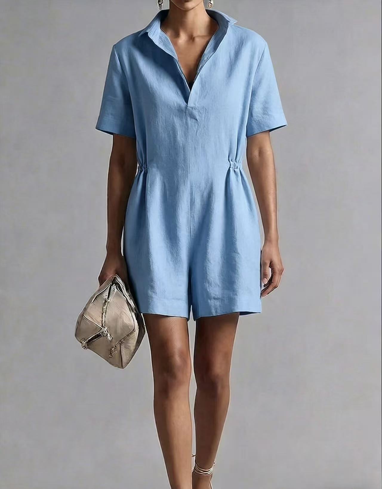 Women's Casual Lapel-Neck Three-Quarter Sleeve Split Jumpsuit