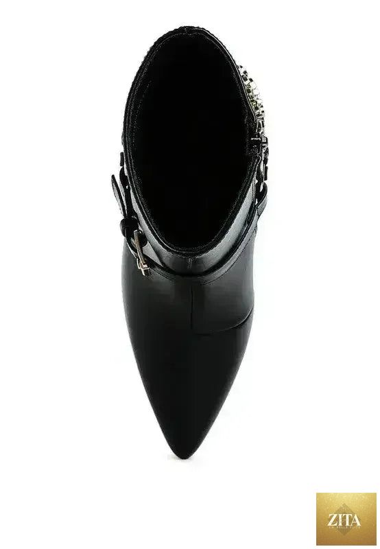Femstylo buckle harness stiletto boots with a 3-inch heel, featuring sleek black leather and stylish strap detailing.