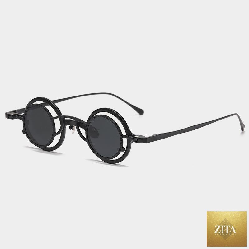 Pure titanium small round sunglasses by FitiqueFit with retro luxury style, featuring sleek round frames and tinted lenses.