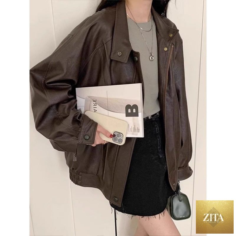 Women's LadyShow.Store slimming motorcycle jacket cardigan, loose fit with stylish design, suitable for casual and edgy fashion.