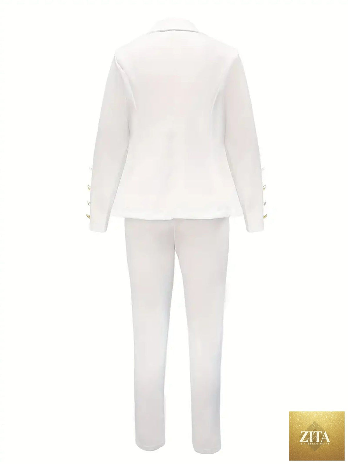 Women’s casual FitiqueFit double-breasted blazer and slim trousers set, shown on a model, in a stylish and modern design.