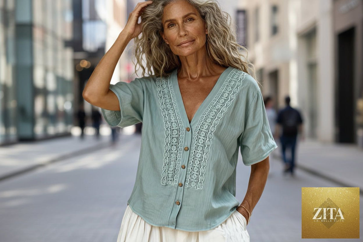 Women's loose-fit faux linen embroidered button-up top by Zita La Belle Elite, casualwear with floral embroidery and relaxed fit.