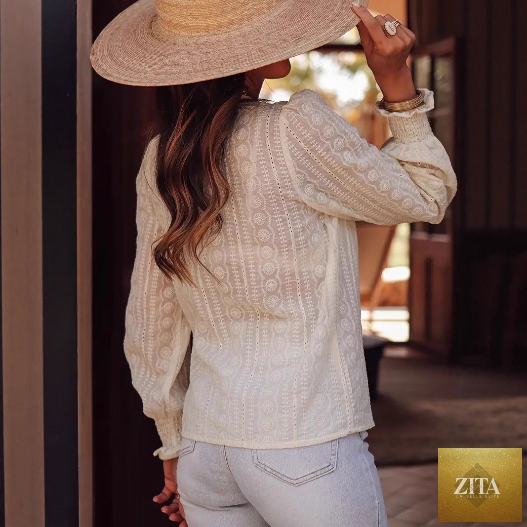 Elegant commuter-style long-sleeve V-neck shirt with lace patchwork, featuring a fashionable design and tailored fit.