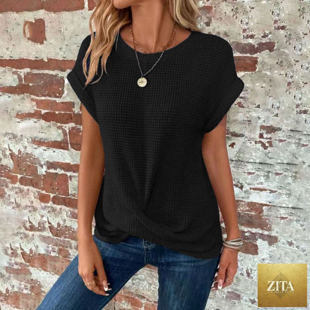 Women’s textured cuff short-sleeve tee by FitiqueFit, featuring a casual fit with textured fabric and cuffed sleeves.