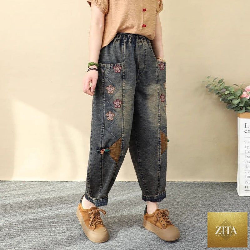 Women's patchwork embroidered cropped harem pants by Zita La Belle Elite, featuring wide-leg high waist denim casualwear.