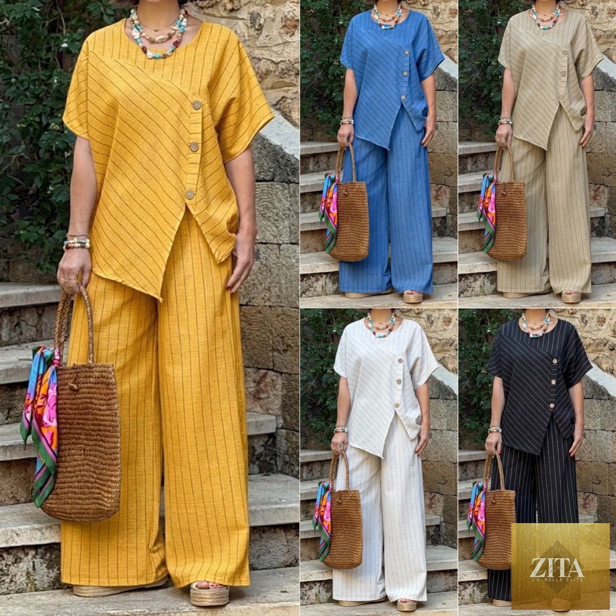 Zita La Belle Elite striped casual shirt and loose pants set with three-quarter sleeves, two-piece outfit for relaxed style.