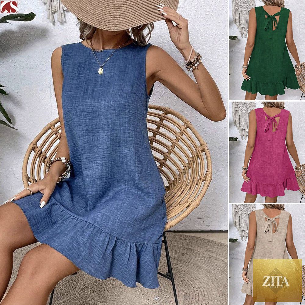 Women's ruffle lace-up mini dress by FitiqueFit featuring short sleeves, loose fit, and beach-ready style.