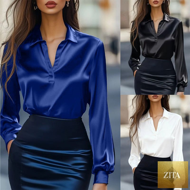 Women’s FitiqueFit V-neck casual blouse with long sleeves, relaxed fit, ideal for business casual or everyday wear.