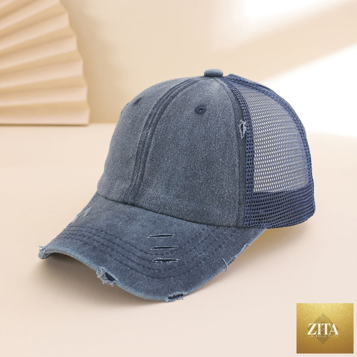 Distressed washed mesh baseball cap by Zita La Belle Elite, frayed edges, unisex design, perfect for outdoor and daily wear.