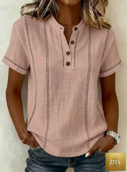 LadyShow.Store summer striped short-sleeve shirt with stand-collar, V-neck, and button front, casual womens blouse.