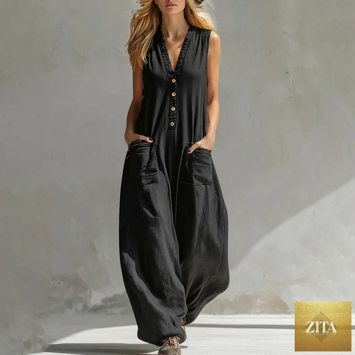 Women's sleeveless wide-leg jumpsuit with pockets from Zita La Belle Elite, casualwear, styled for comfort and effortless fashion.
