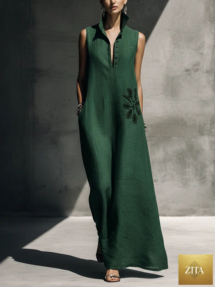 Women's cotton linen maxi dress with Mandarin collar, graphic print, and pockets by FitiqueFit, casualwear style.
