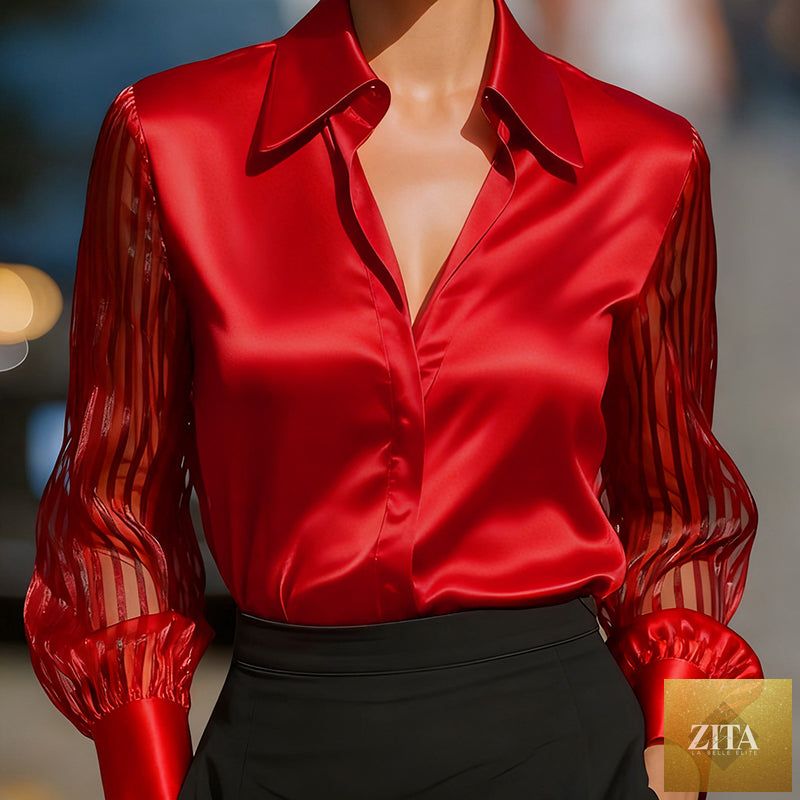 Women’s satin lapel collar blouse with sheer long sleeves and button-down front, casualwear by FitiqueFit for office and spring/autumn.