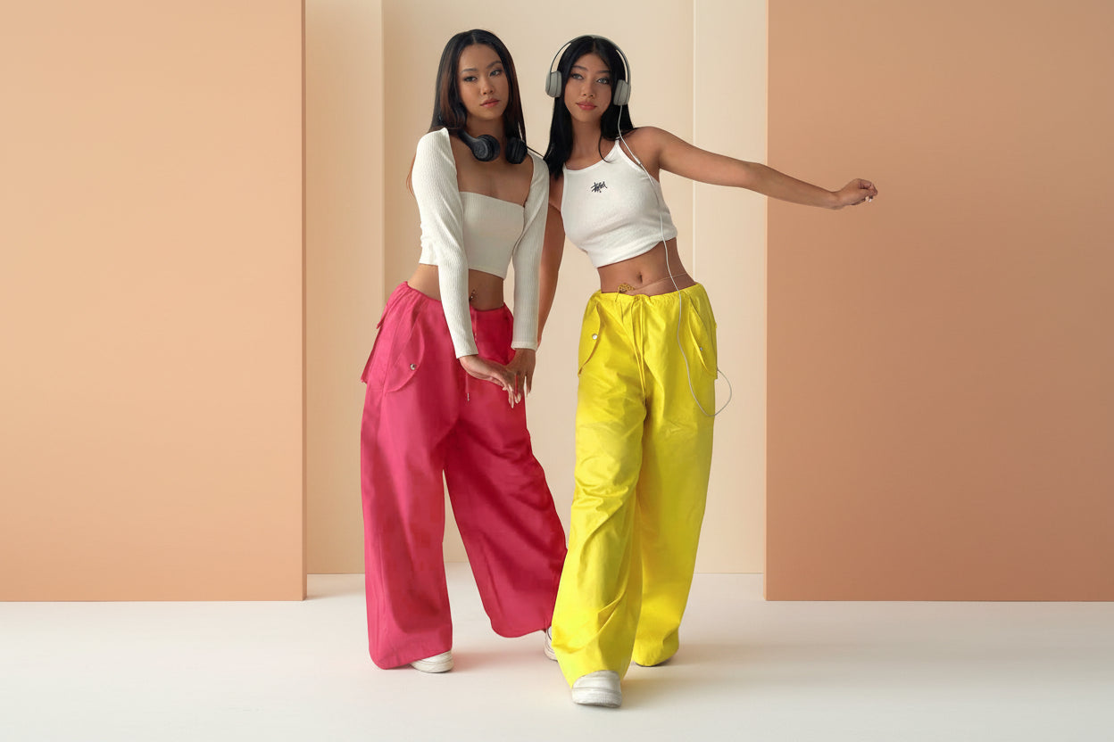Women's high-waist lace-up straight-leg cargo pants by FitiqueFit, loose fit casualwear with lace-up detail and functional pockets.