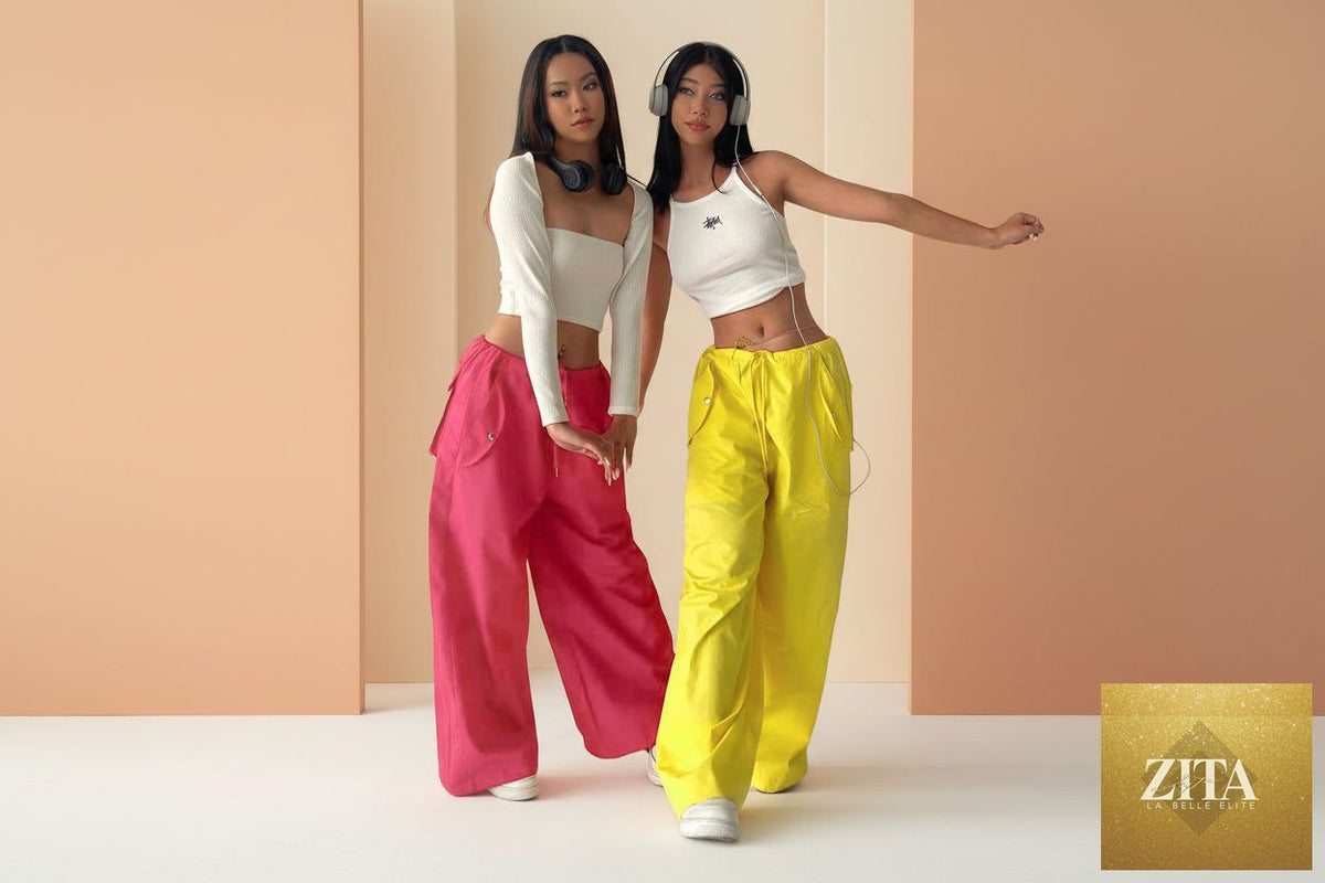 Women's high-waist lace-up cargo pants by Zita La Belle Elite, loose fit, straight-leg style, casualwear with lace-up front detail.