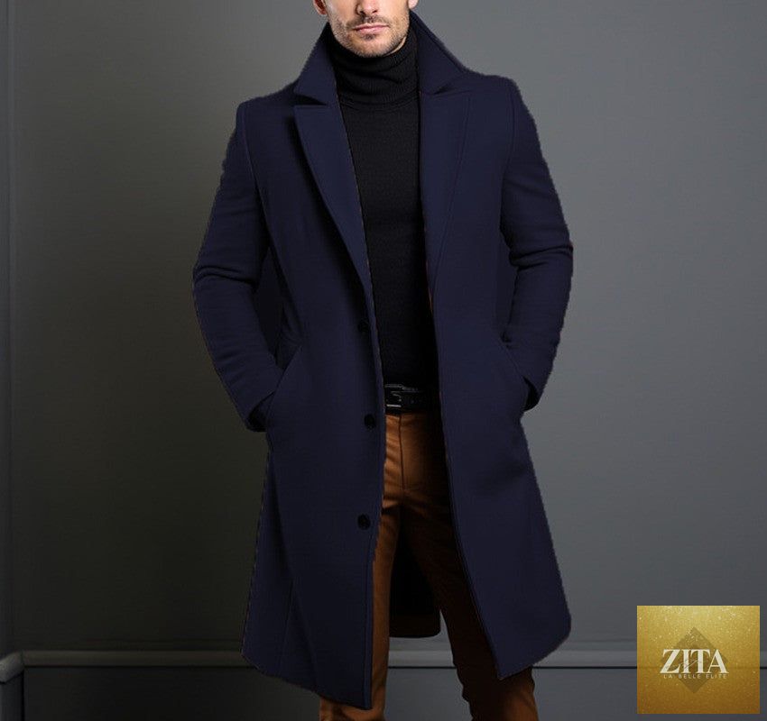 Men's mid-length fall winter trench coat with slim pockets, single-breasted collar, casual and business style, comfortable overcoat.
