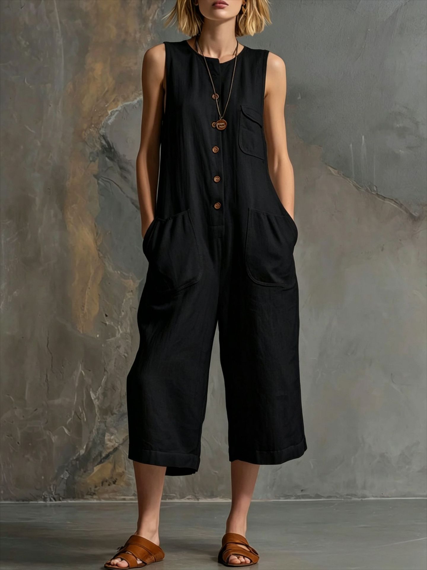 Women's retro sleeveless wide-leg cropped jumpsuit by FitiqueFit, featuring a casualwear style with a fitted bodice and flowing wide-leg pants.
