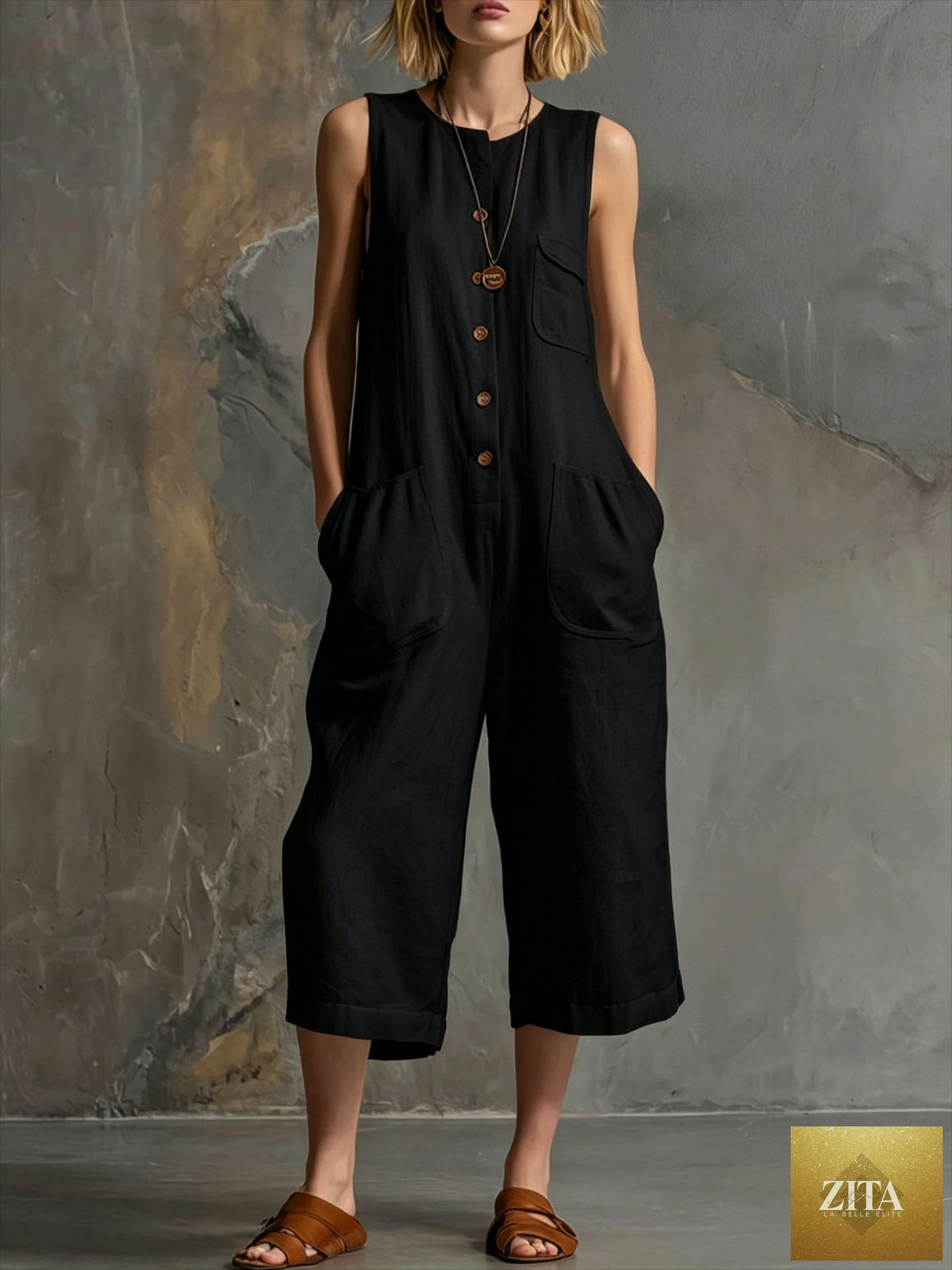 Women's retro sleeveless wide-leg cropped jumpsuit by Zita La Belle Elite, featuring a casual, stylish design with a fitted waist and wide legs.