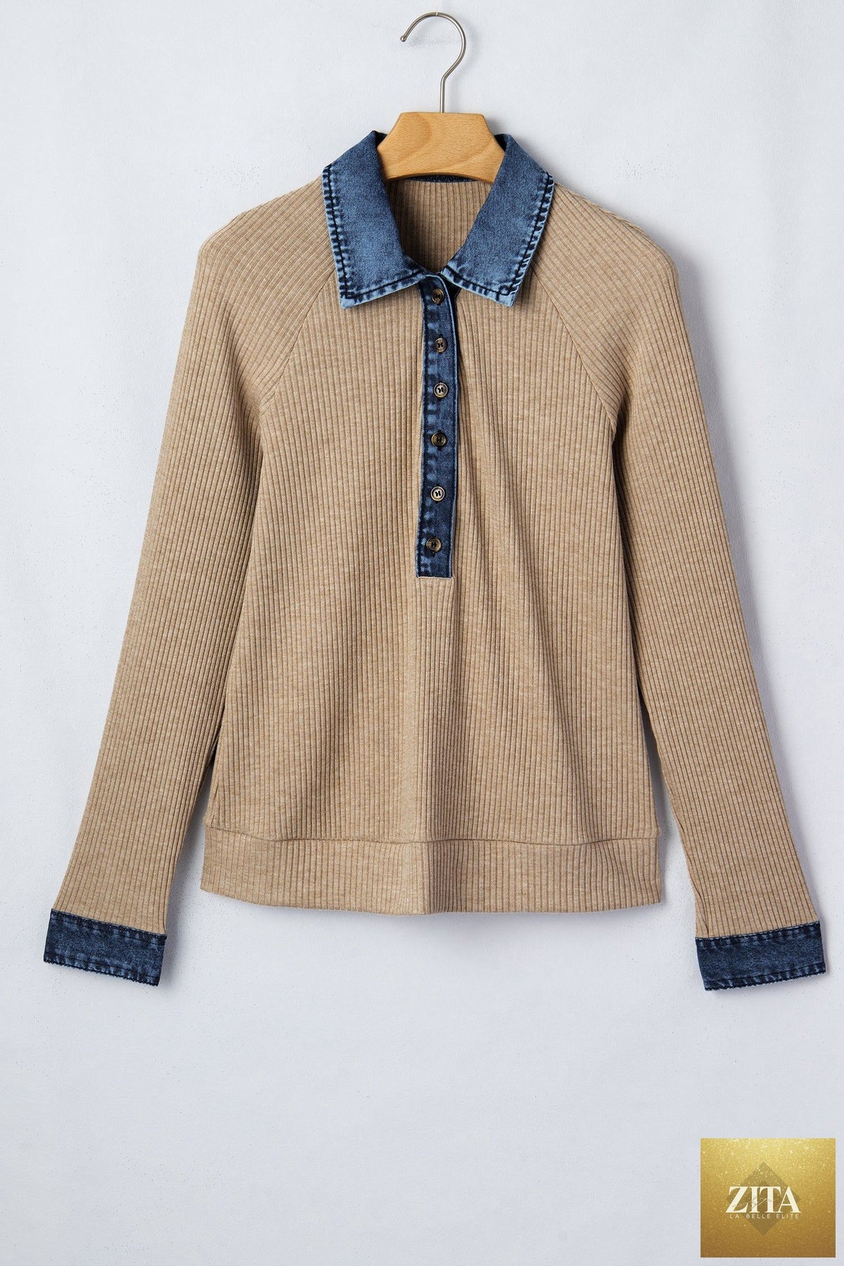 Beige ribbed knit long sleeve top with denim patchwork, button polo collar, and cuffed sleeves from Wild and Free Boutique.