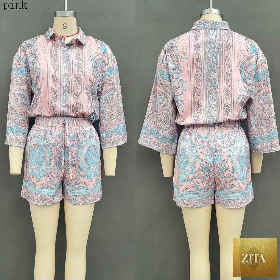 Women's Baroque Medallion Print Batwing Shirt & Shorts Set
