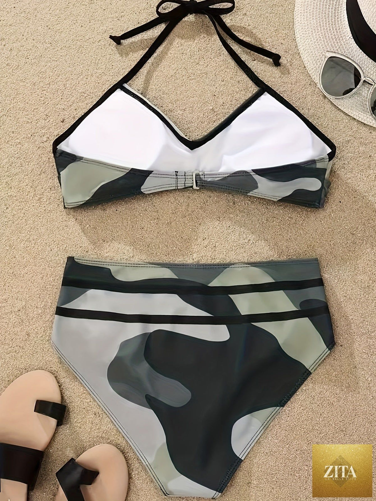 Stevvex camo print high cut halter bikini set with V neck backless design and ruched details, ideal for beach and summer vacations.