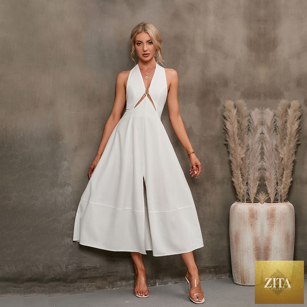 Women's sleeveless halter neck maxi dress by Zita La Belle Elite featuring an A-line high waist silhouette and flowing fabric.
