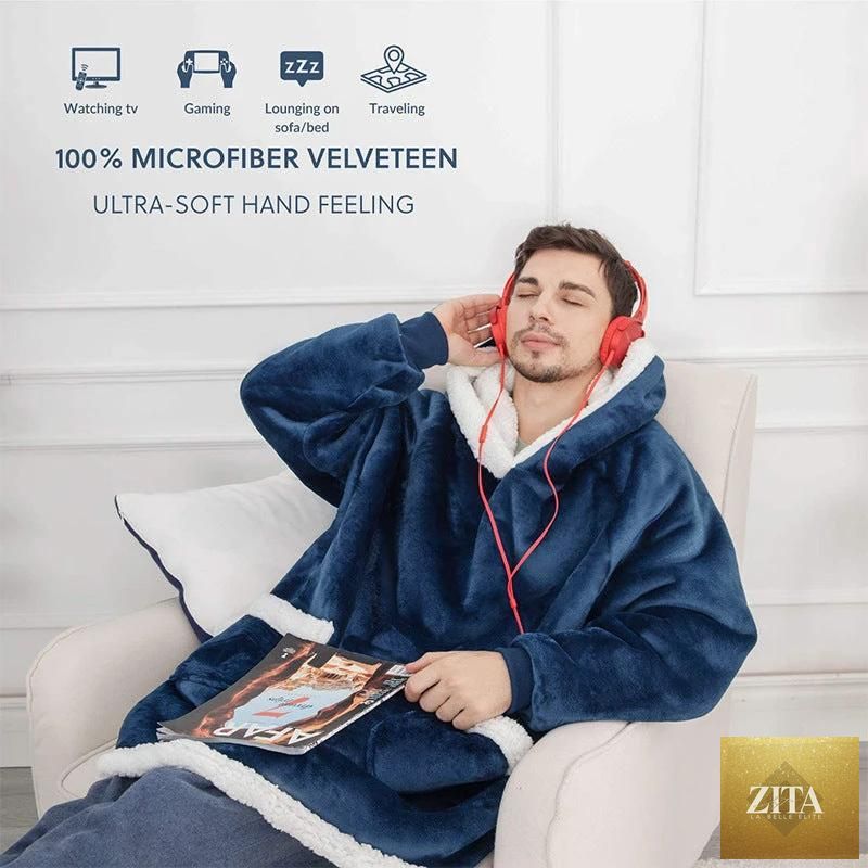 Mandotos winter TV hoodie blanket in warm oversized pullover style with pockets, ideal for cozy home wear for women and men