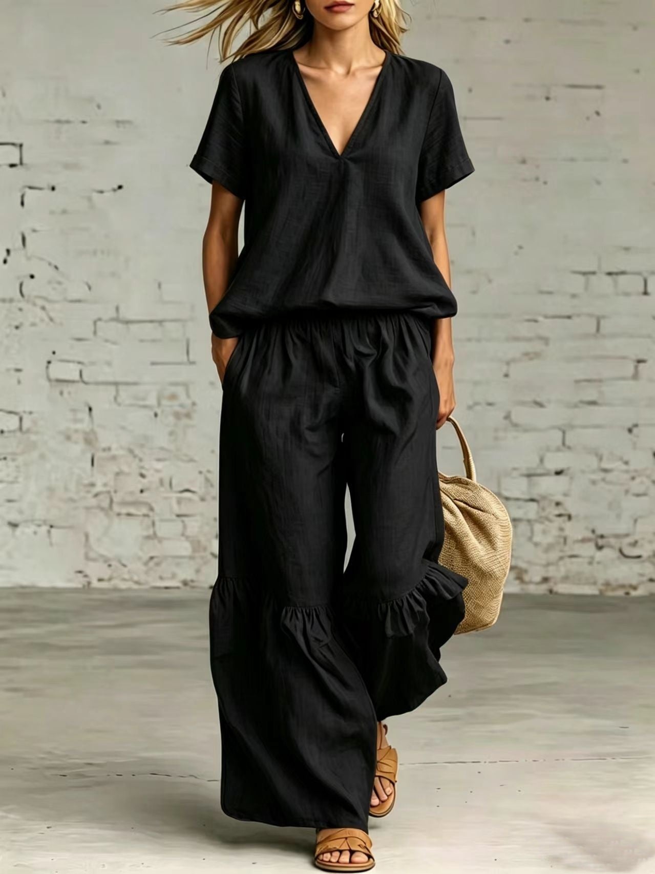 FitiqueFit casualwear V-neck loose short-sleeve top and pants set in multiple colors, featuring a relaxed fit and comfortable style.
