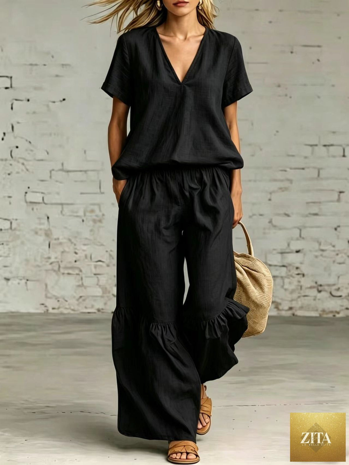 Zita La Belle Elite casualwear V-neck loose short-sleeve top and pants set in multiple colors, available in sizes S to 5XL.