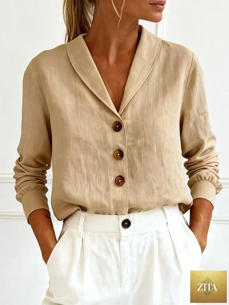 Women's cotton-linen Peter Pan collar button-up shirt by Zita La Belle Elite, displayed in multiple colors, featuring a classic design.